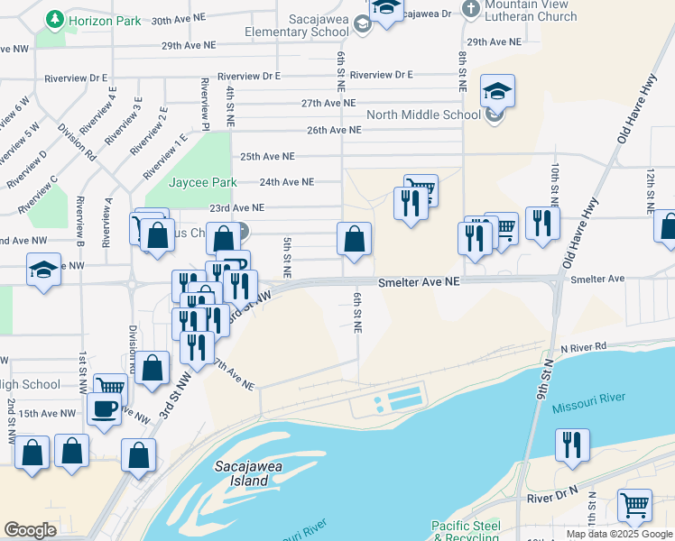 map of restaurants, bars, coffee shops, grocery stores, and more near 540 Smelter Avenue Northeast in Great Falls