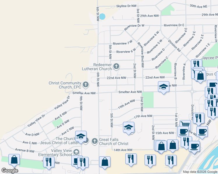 map of restaurants, bars, coffee shops, grocery stores, and more near 501 Smelter Avenue Northwest in Great Falls