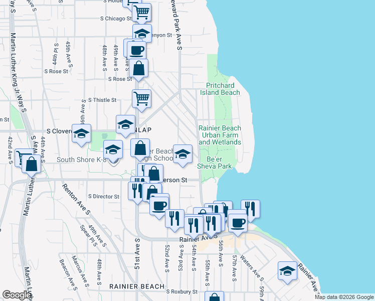 map of restaurants, bars, coffee shops, grocery stores, and more near 8741 Seward Park Avenue South in Seattle