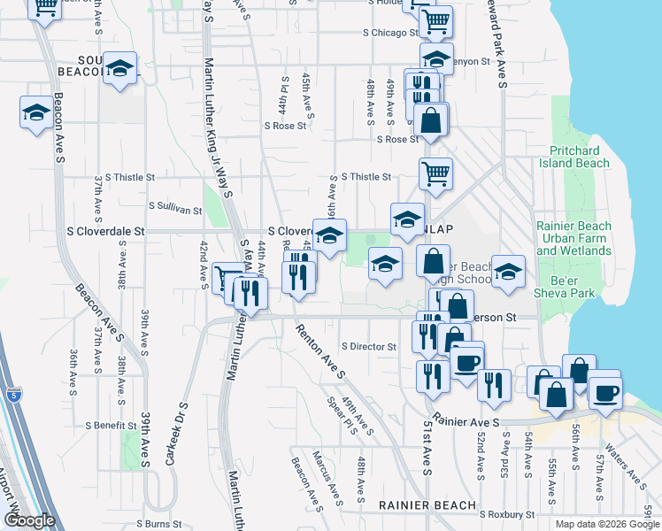 map of restaurants, bars, coffee shops, grocery stores, and more near 8800-8998 46th Ave S in Seattle
