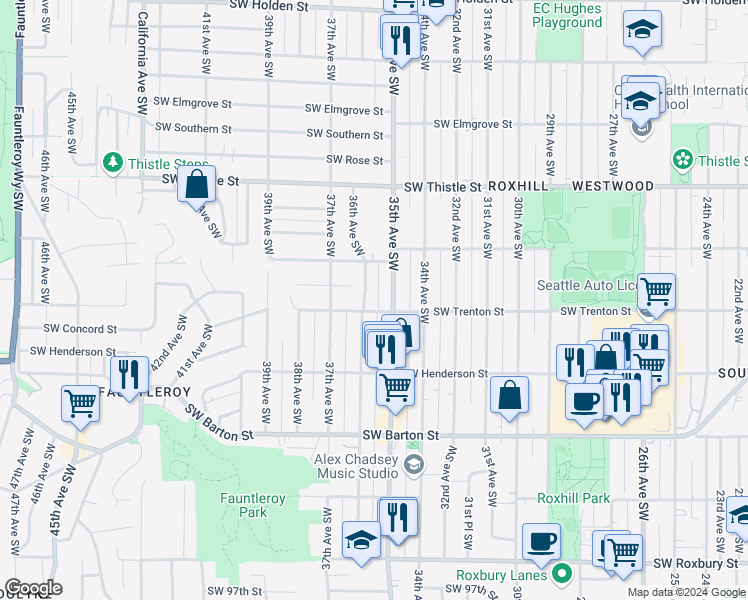 map of restaurants, bars, coffee shops, grocery stores, and more near 3515 Southwest Trenton Street in Seattle