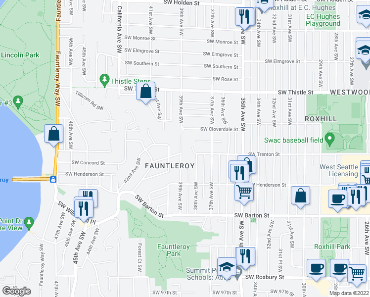 map of restaurants, bars, coffee shops, grocery stores, and more near 8800 39th Avenue Southwest in Seattle