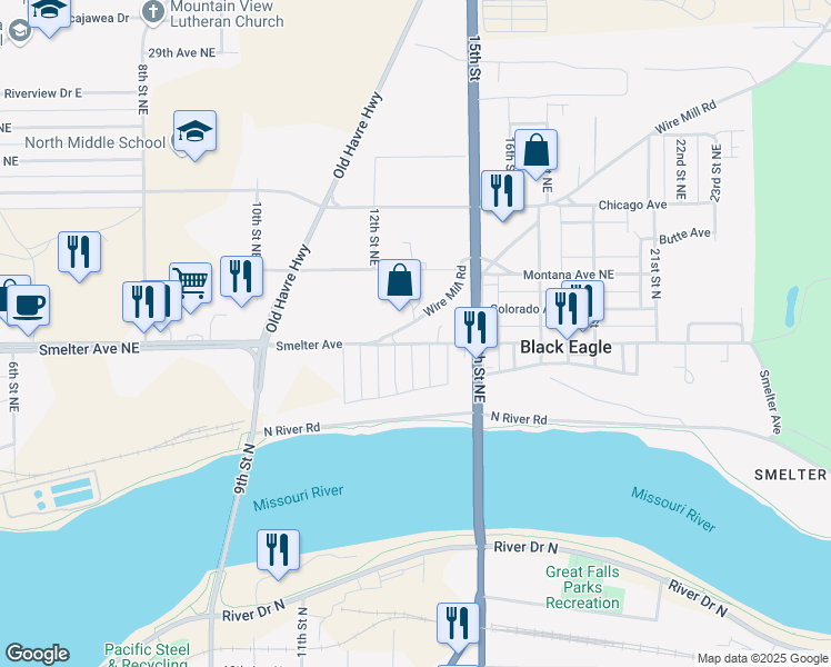 map of restaurants, bars, coffee shops, grocery stores, and more near 1223 Smelter Avenue in Black Eagle