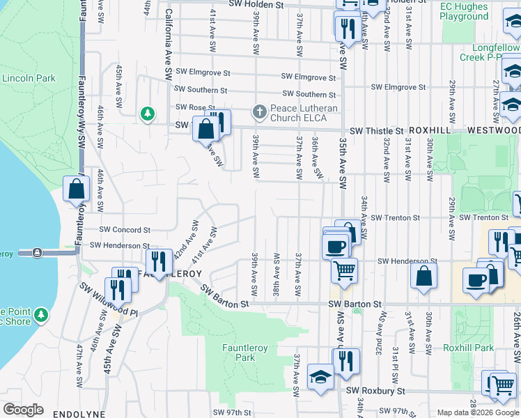 map of restaurants, bars, coffee shops, grocery stores, and more near 8800 39th Avenue Southwest in Seattle