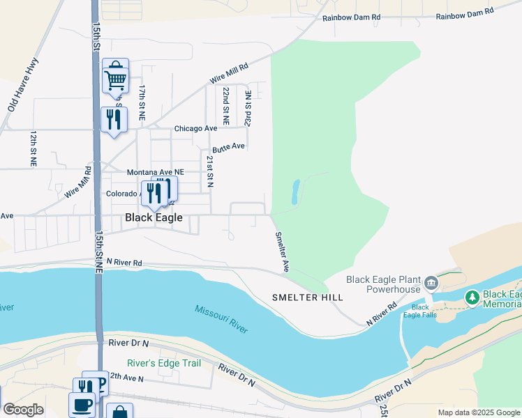 map of restaurants, bars, coffee shops, grocery stores, and more near 2398 Smelter Avenue in Black Eagle
