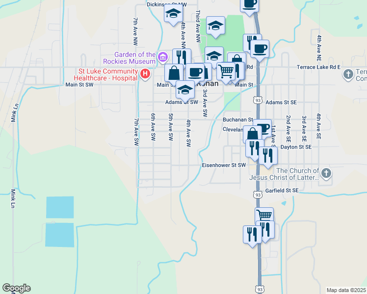 map of restaurants, bars, coffee shops, grocery stores, and more near 503 4th Avenue Southwest in Ronan