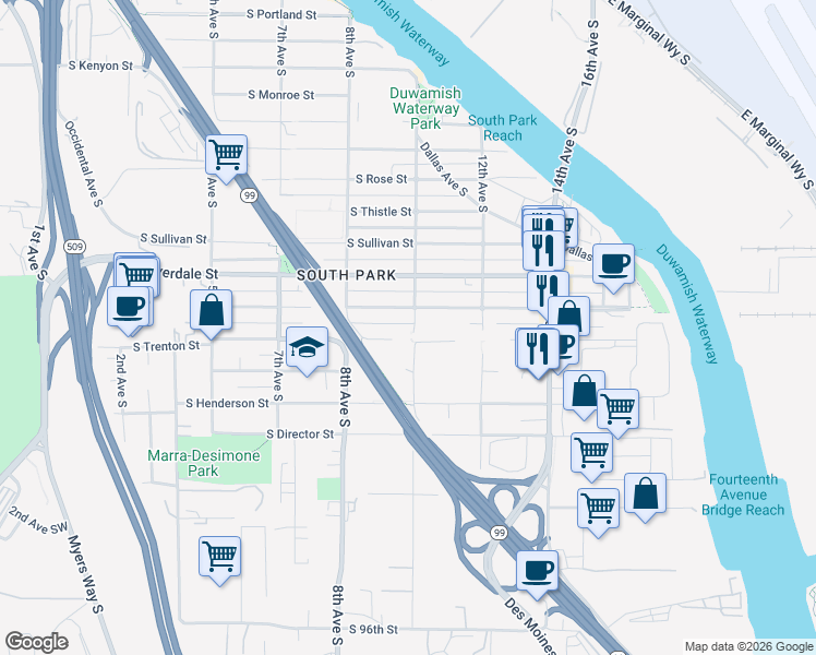 map of restaurants, bars, coffee shops, grocery stores, and more near 857 South Trenton Street in Seattle