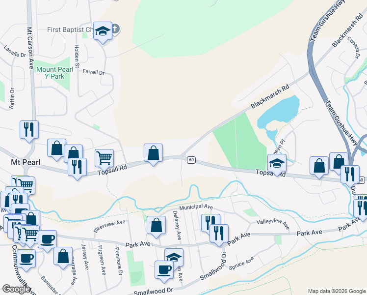 map of restaurants, bars, coffee shops, grocery stores, and more near 862-866 Topsail Road in Mount Pearl