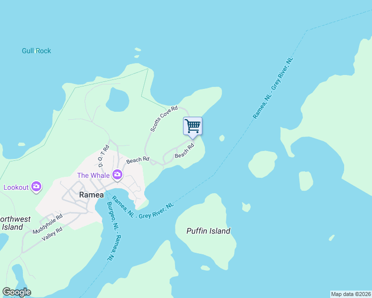 map of restaurants, bars, coffee shops, grocery stores, and more near 20 Beach Road in Ramea