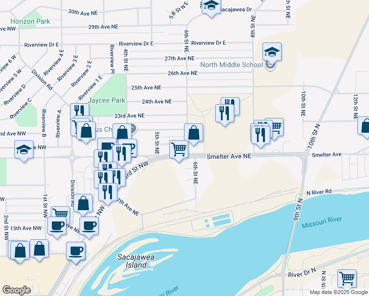 map of restaurants, bars, coffee shops, grocery stores, and more near 540 Smelter Avenue Northeast in Great Falls