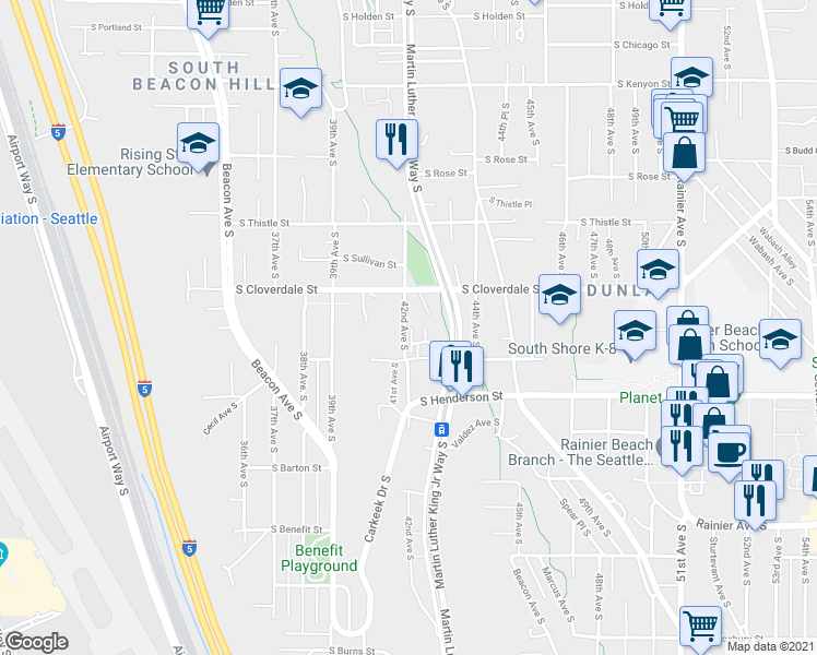 map of restaurants, bars, coffee shops, grocery stores, and more near 4245 South Greenbelt Station Drive in Seattle