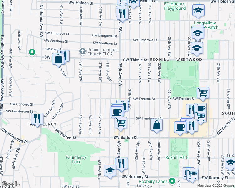 map of restaurants, bars, coffee shops, grocery stores, and more near 8633 35th Avenue Southwest in Seattle