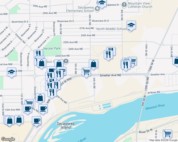 map of restaurants, bars, coffee shops, grocery stores, and more near 540 Smelter Avenue Northeast in Great Falls