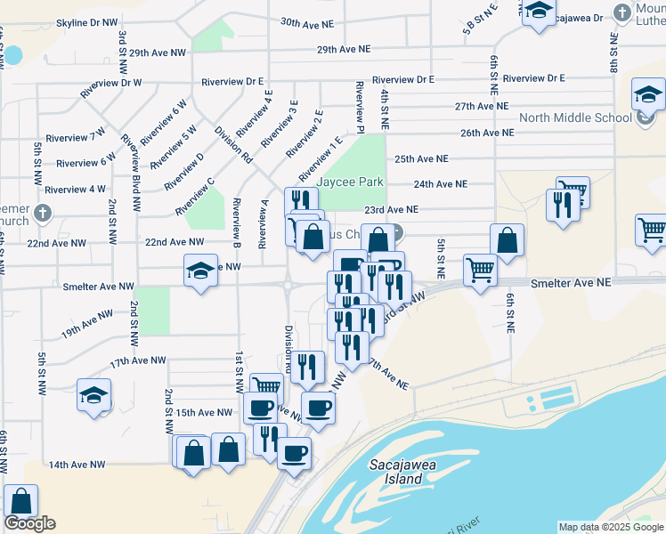 map of restaurants, bars, coffee shops, grocery stores, and more near 203 Smelter Avenue Northeast in Great Falls