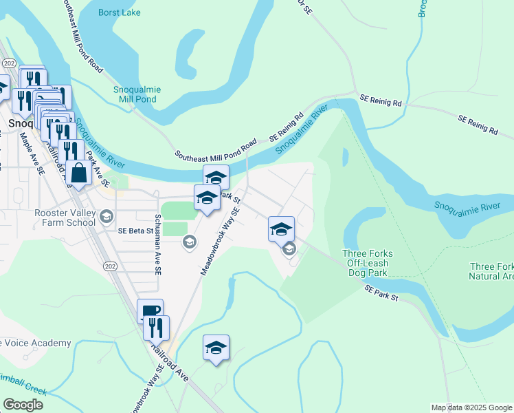 map of restaurants, bars, coffee shops, grocery stores, and more near 39622 Southeast Park Street in Snoqualmie