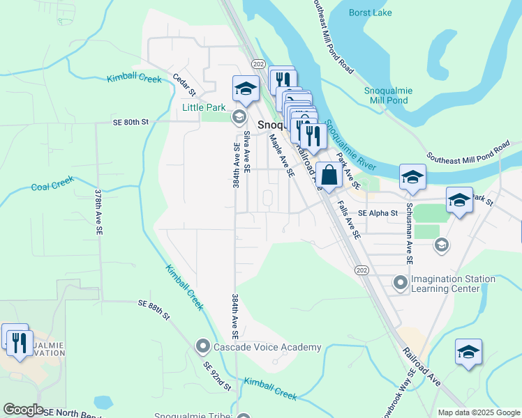 map of restaurants, bars, coffee shops, grocery stores, and more near 38505 Southeast Newton Street in Snoqualmie