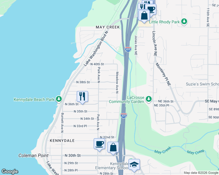map of restaurants, bars, coffee shops, grocery stores, and more near 3605 Meadow Avenue North in Renton