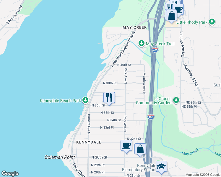 map of restaurants, bars, coffee shops, grocery stores, and more near 1108 North 37th Street in Renton