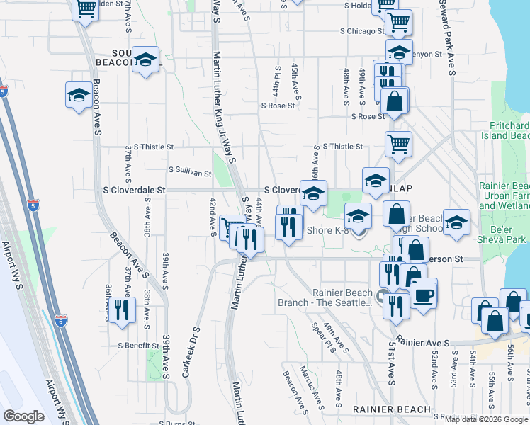 map of restaurants, bars, coffee shops, grocery stores, and more near 8655 Renton Avenue South in Seattle