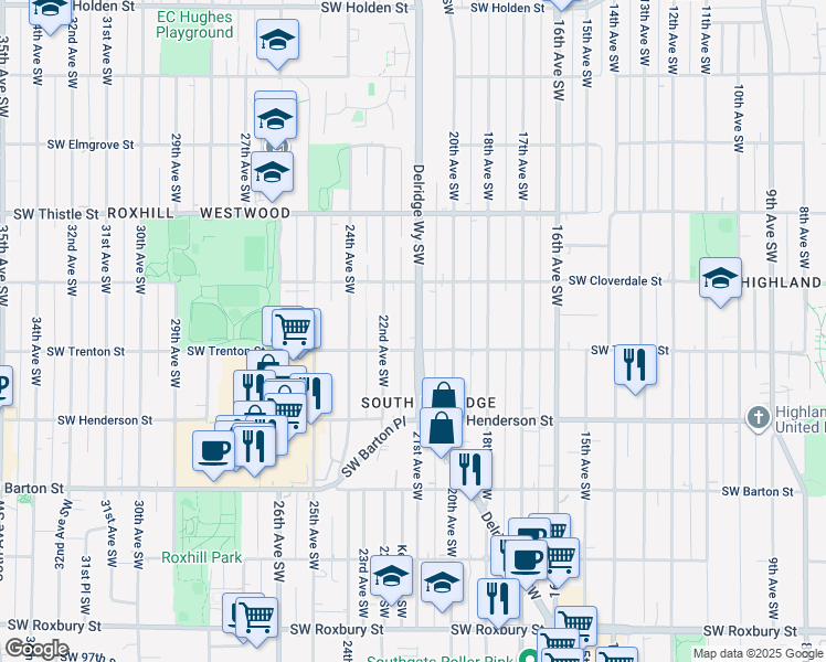 map of restaurants, bars, coffee shops, grocery stores, and more near 8801 Delridge Way Southwest in Seattle