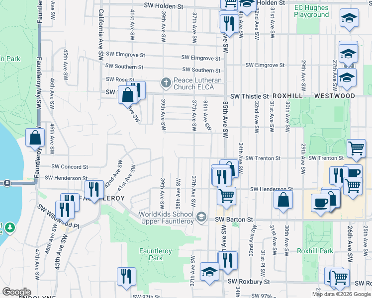 map of restaurants, bars, coffee shops, grocery stores, and more near 8806 38th Avenue Southwest in Seattle