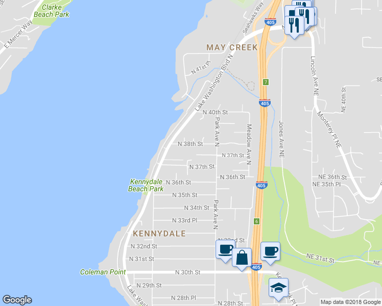 map of restaurants, bars, coffee shops, grocery stores, and more near 3737 Park Avenue North in Renton