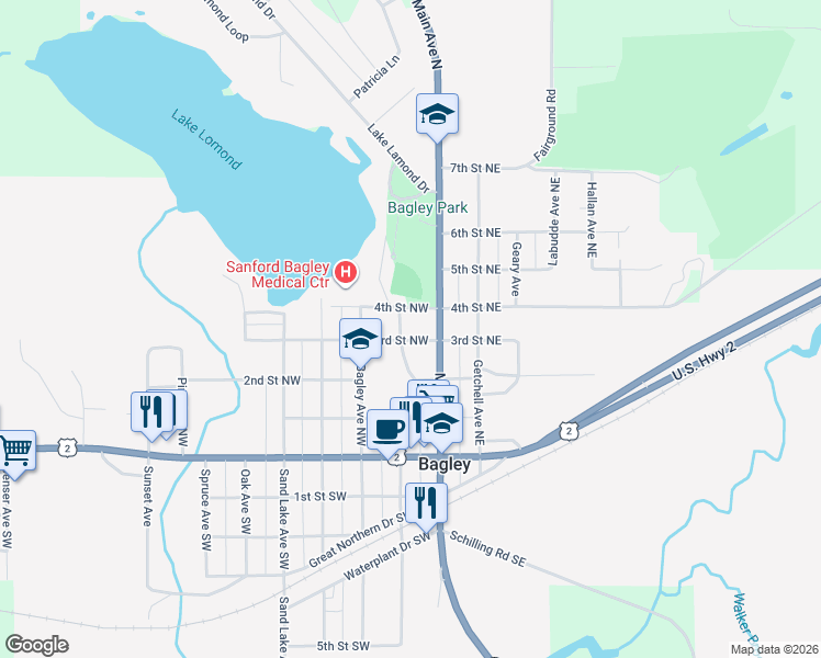map of restaurants, bars, coffee shops, grocery stores, and more near 213 Main Avenue North in Bagley