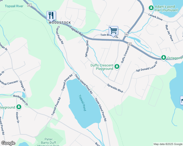 map of restaurants, bars, coffee shops, grocery stores, and more near 14 Spracklin Boulevard in Paradise