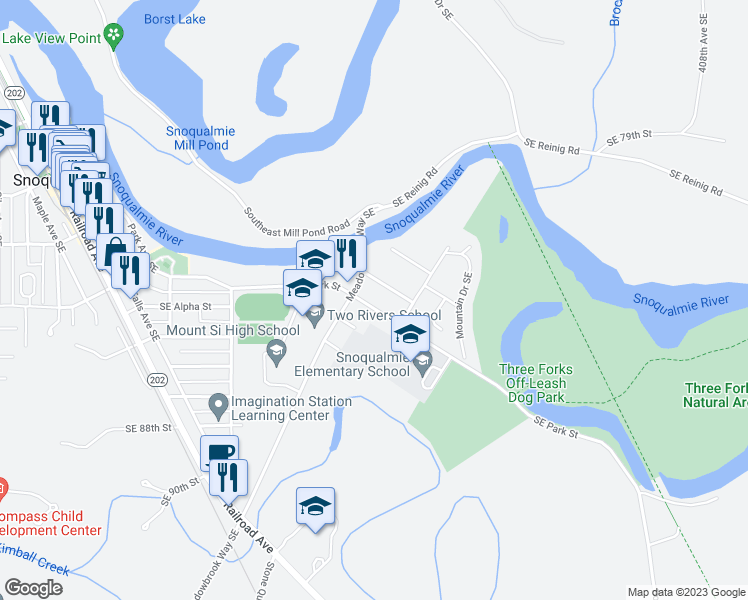 map of restaurants, bars, coffee shops, grocery stores, and more near 39622 Southeast Park Street in Snoqualmie