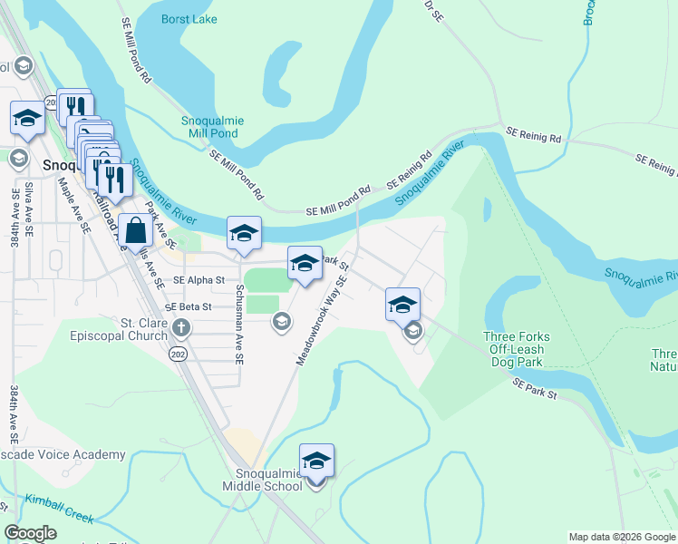 map of restaurants, bars, coffee shops, grocery stores, and more near 39532 Southeast Park Street in Snoqualmie