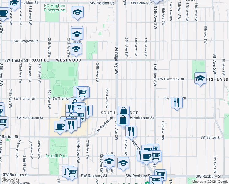 map of restaurants, bars, coffee shops, grocery stores, and more near 8617 Delridge Way Southwest in Seattle