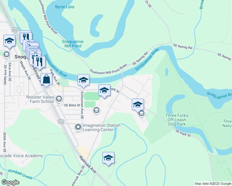 map of restaurants, bars, coffee shops, grocery stores, and more near 39555 Southeast Park Street in Snoqualmie