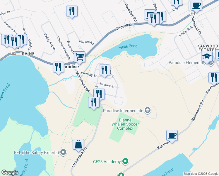 map of restaurants, bars, coffee shops, grocery stores, and more near 18 Kinkora Street in Paradise