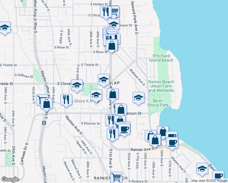 map of restaurants, bars, coffee shops, grocery stores, and more near 8600 Rainier Avenue South in Seattle
