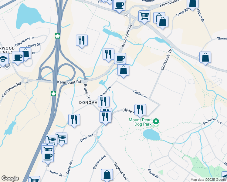 map of restaurants, bars, coffee shops, grocery stores, and more near 21 Glencoe Drive in Mount Pearl