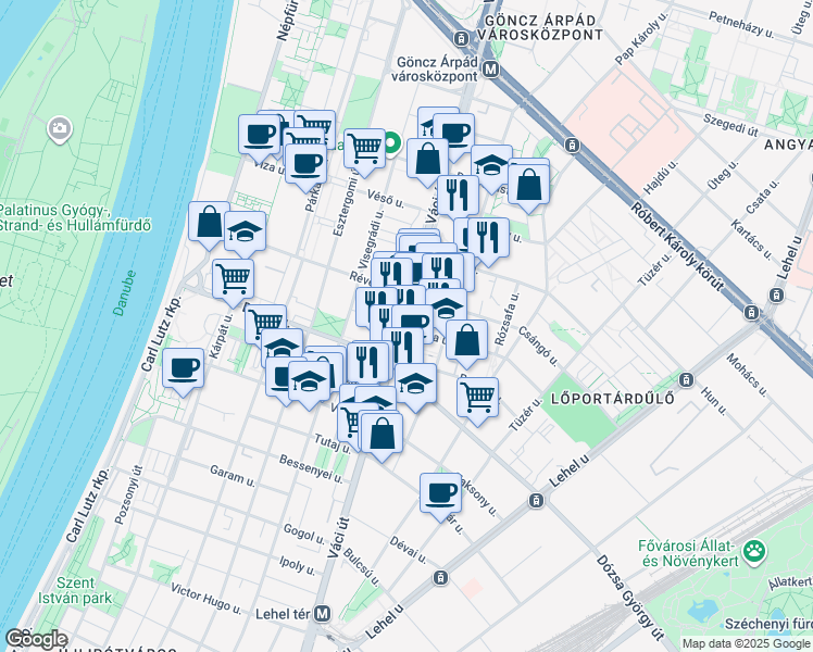 map of restaurants, bars, coffee shops, grocery stores, and more near in Budapest
