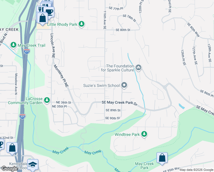 map of restaurants, bars, coffee shops, grocery stores, and more near 8604 116th Avenue Southeast in Newcastle