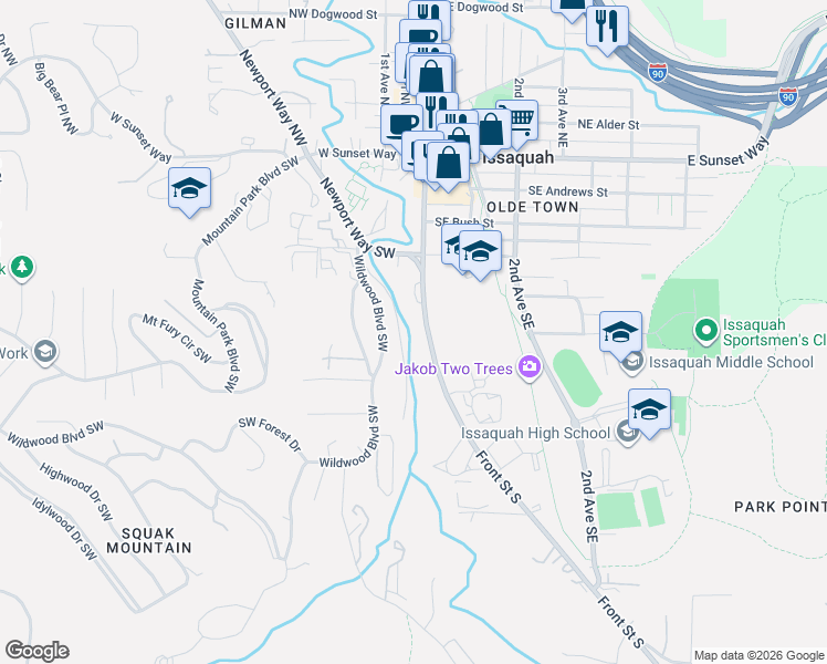 map of restaurants, bars, coffee shops, grocery stores, and more near 387 Front Street South in Issaquah