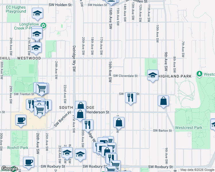 map of restaurants, bars, coffee shops, grocery stores, and more near 8612 16th Avenue Southwest in Seattle