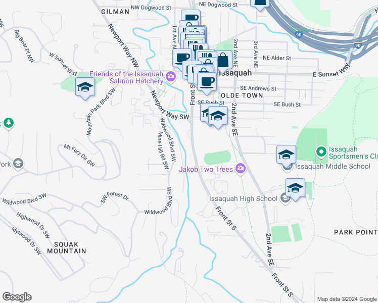 map of restaurants, bars, coffee shops, grocery stores, and more near 415 Front Street South in Issaquah