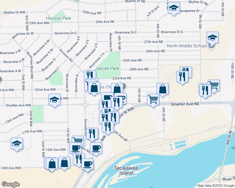 map of restaurants, bars, coffee shops, grocery stores, and more near 2100 4th Street Northeast in Great Falls