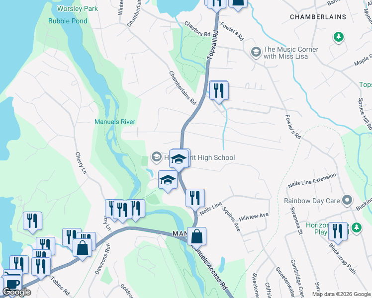 map of restaurants, bars, coffee shops, grocery stores, and more near 2070 Woody Lane in Conception Bay South