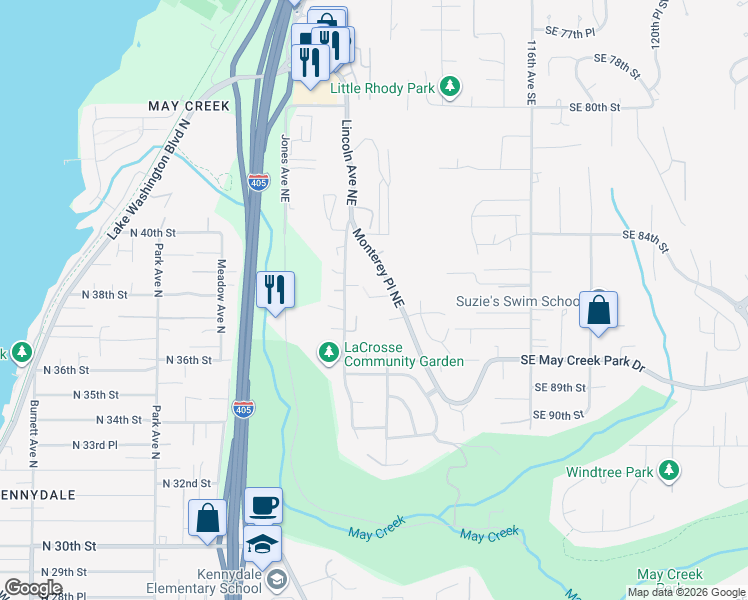 map of restaurants, bars, coffee shops, grocery stores, and more near 3815 Monterey Place Northeast in Renton