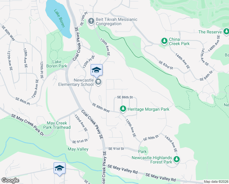 map of restaurants, bars, coffee shops, grocery stores, and more near 13721 Southeast 85th Street in Newcastle