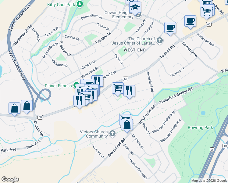 map of restaurants, bars, coffee shops, grocery stores, and more near 25 Lester Street in St. John's