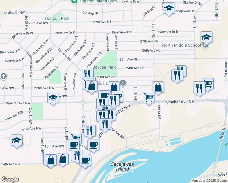 map of restaurants, bars, coffee shops, grocery stores, and more near 2108 4th Street Northeast in Great Falls