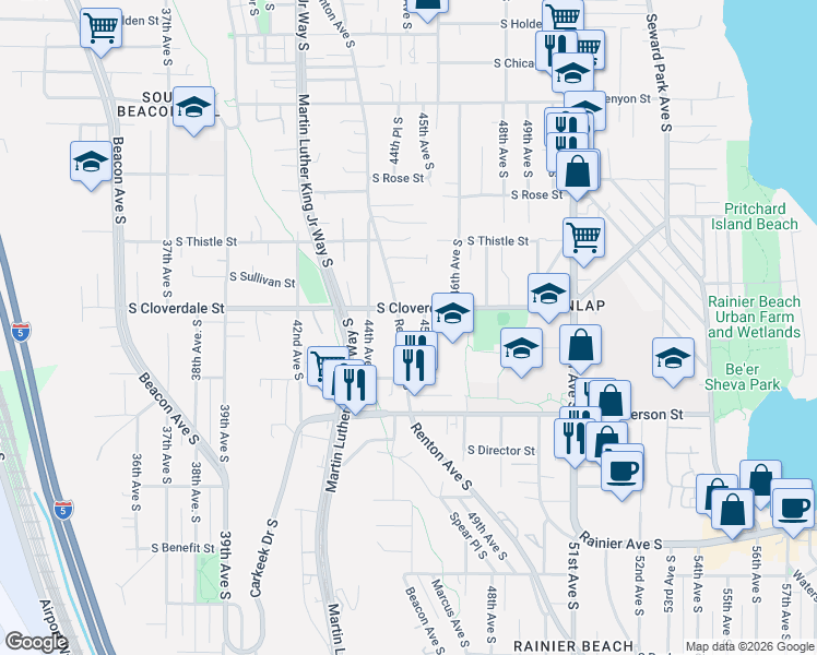map of restaurants, bars, coffee shops, grocery stores, and more near 8603 Renton Avenue South in Seattle