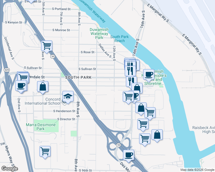 map of restaurants, bars, coffee shops, grocery stores, and more near 1025 South Cloverdale Street in Seattle