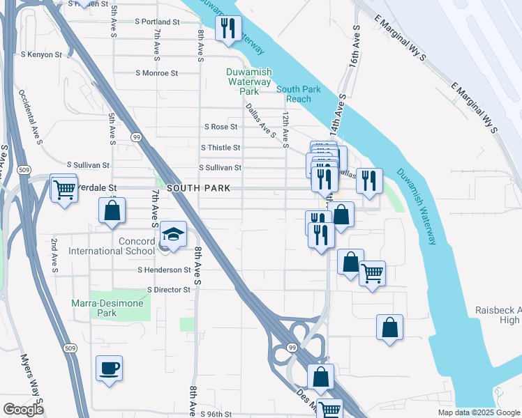 map of restaurants, bars, coffee shops, grocery stores, and more near 1025 South Cloverdale Street in Seattle