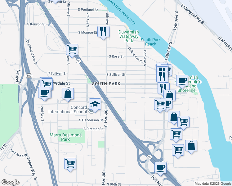 map of restaurants, bars, coffee shops, grocery stores, and more near 827 South Cloverdale Street in Seattle